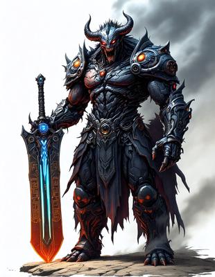 The primary subject of the image is a fantasy character, possibly a demon or a warrior, dressed in a black armor and holding a sword. The setting is a dark and ominous environment, with a cloudy sky in the background. The visual style is digital art, as the character is depicted in a detailed and intricate manner. The colors and mood of the image are dark and intense, with the character's armor and the sword creating a sense of power and danger.